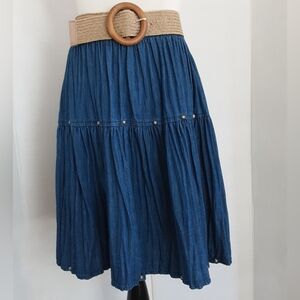 STONEBRIDGE Western Studded Crinkle 2 Tiered Blue Denim Skirt Sz PM - VTG